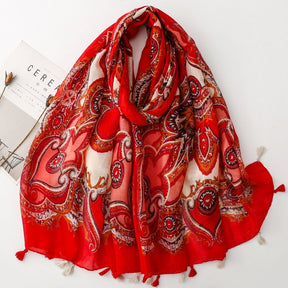 SL2202-009  Women's Ethnic Cotton Linen Feel Scarf with Wheat Ears Tassels