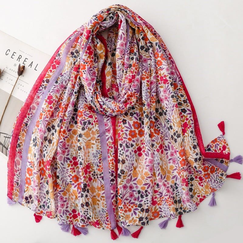 SL2202-009  Women's Ethnic Cotton Linen Feel Scarf with Wheat Ears Tassels