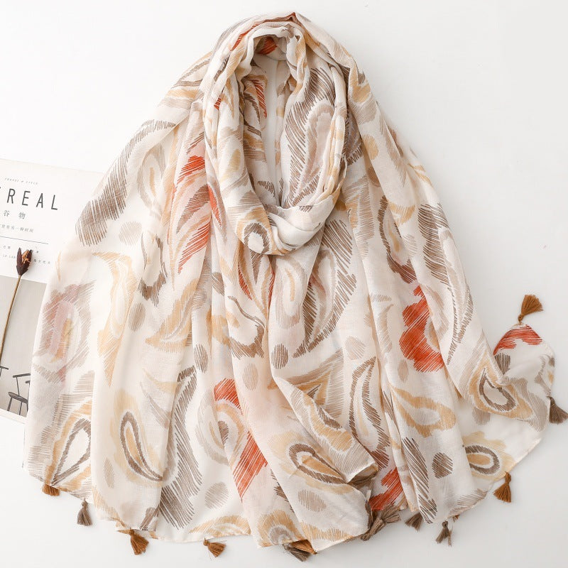SL2202-009  Women's Ethnic Cotton Linen Feel Scarf with Wheat Ears Tassels