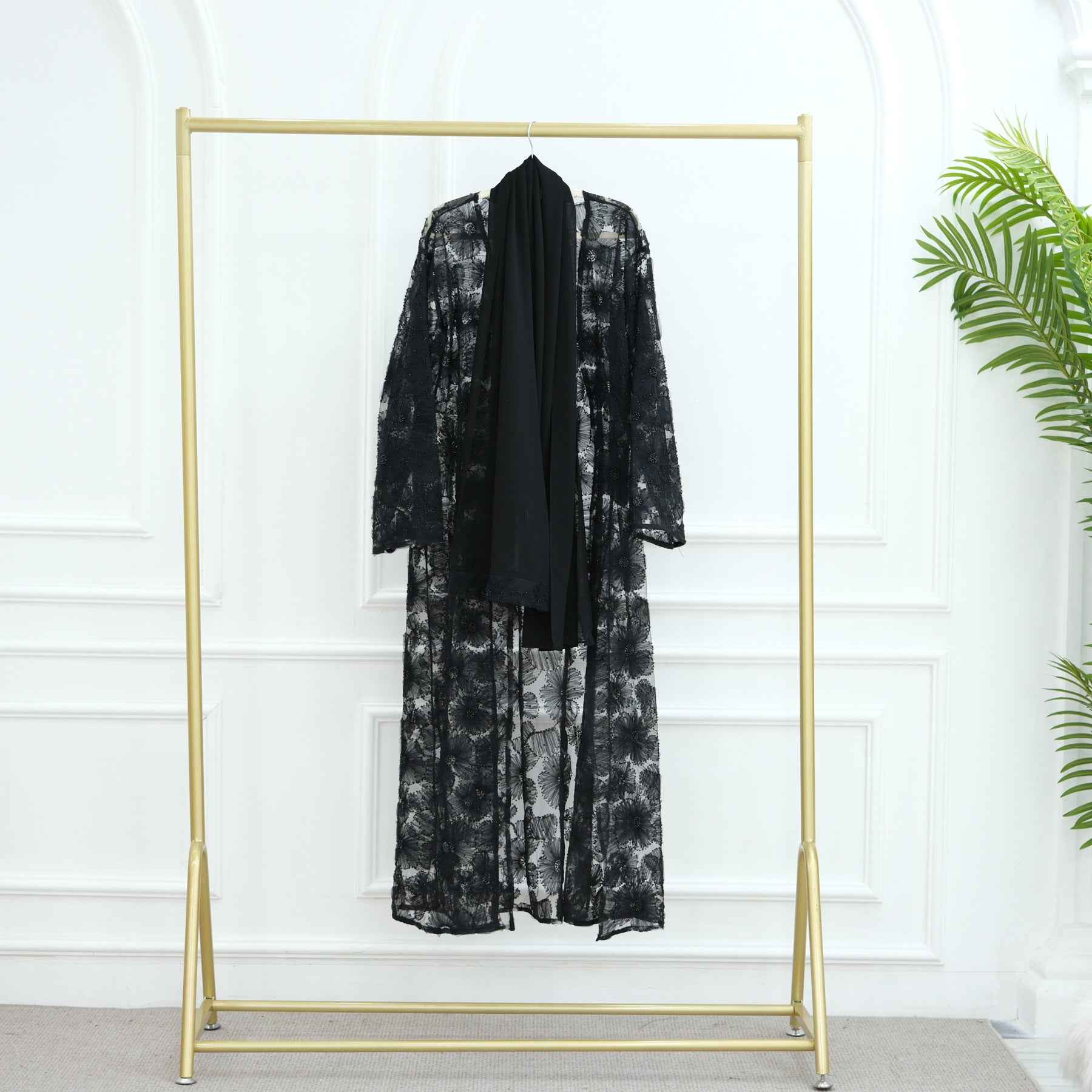 LR1069  3D Floral Beaded Cardigan Abaya