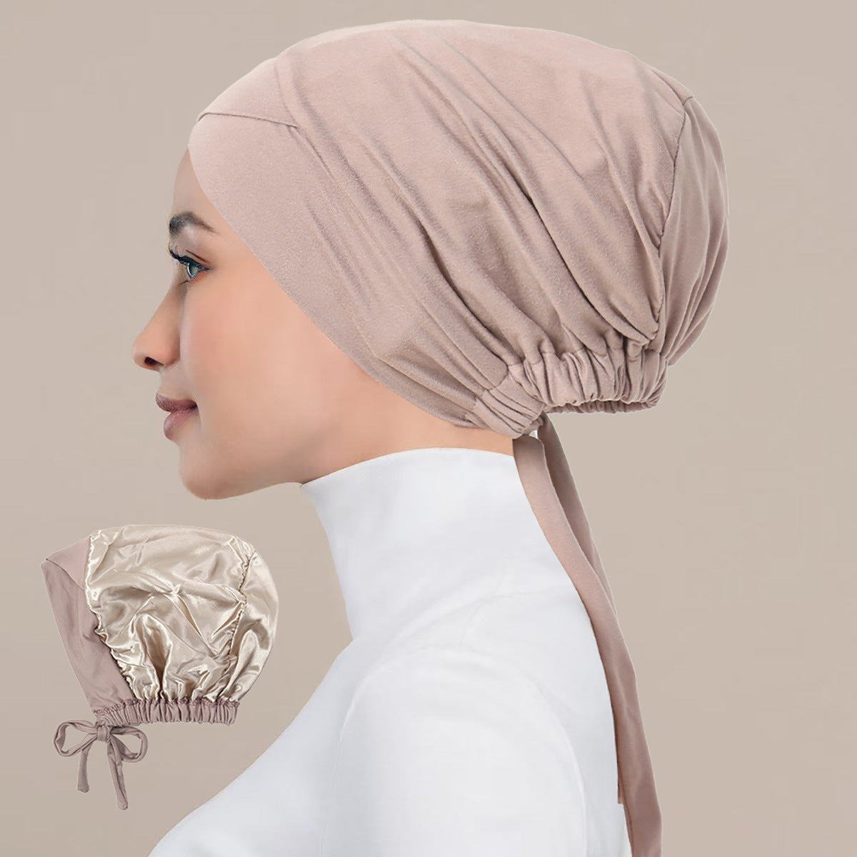 JN001  Plain Satin-Lined Polyester Tie Back Hijab Cap