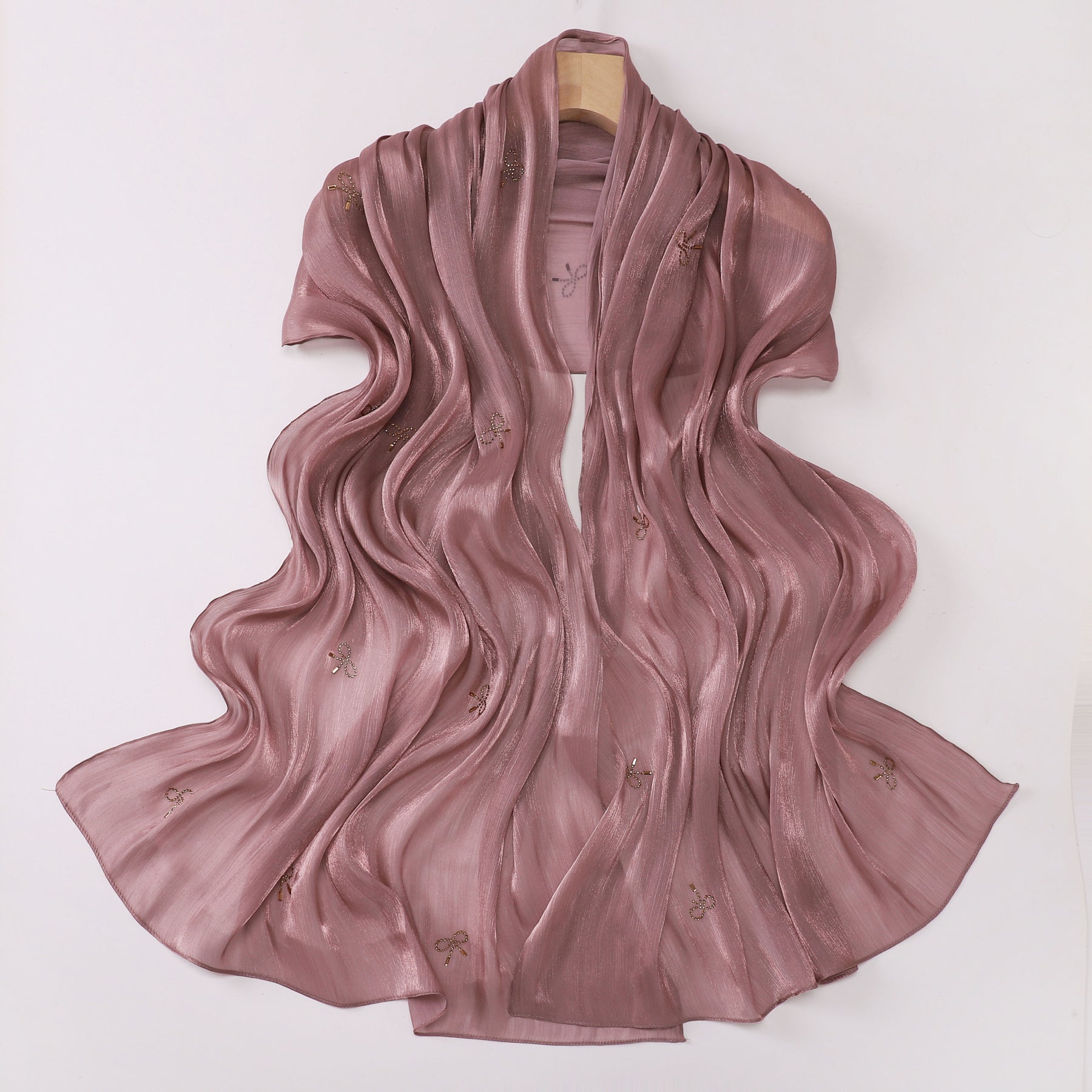 W-0625  Sea Island Silk Bright Silk Hijab with Rhinestone Bow