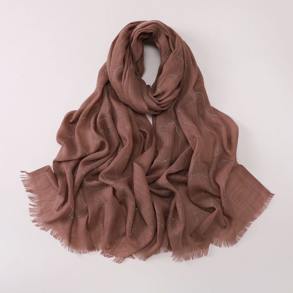 260602  Plain Soft Bamboo-Texture Yarn Short Fringe Hot-Fix Crystal Hijab