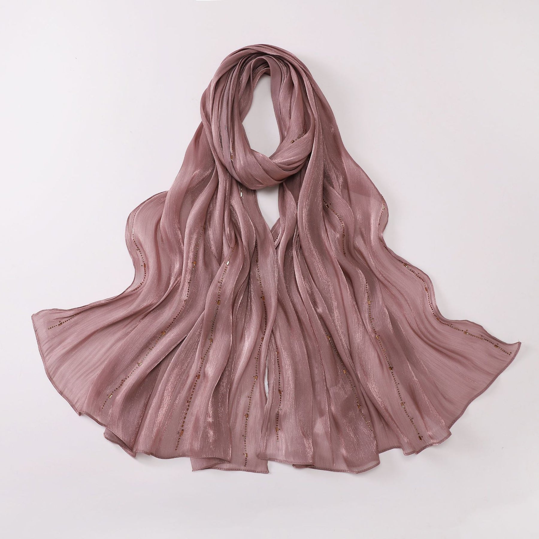 W-0513  Sea Island Silk Bright Silk Hijab with Rhinestone Lines