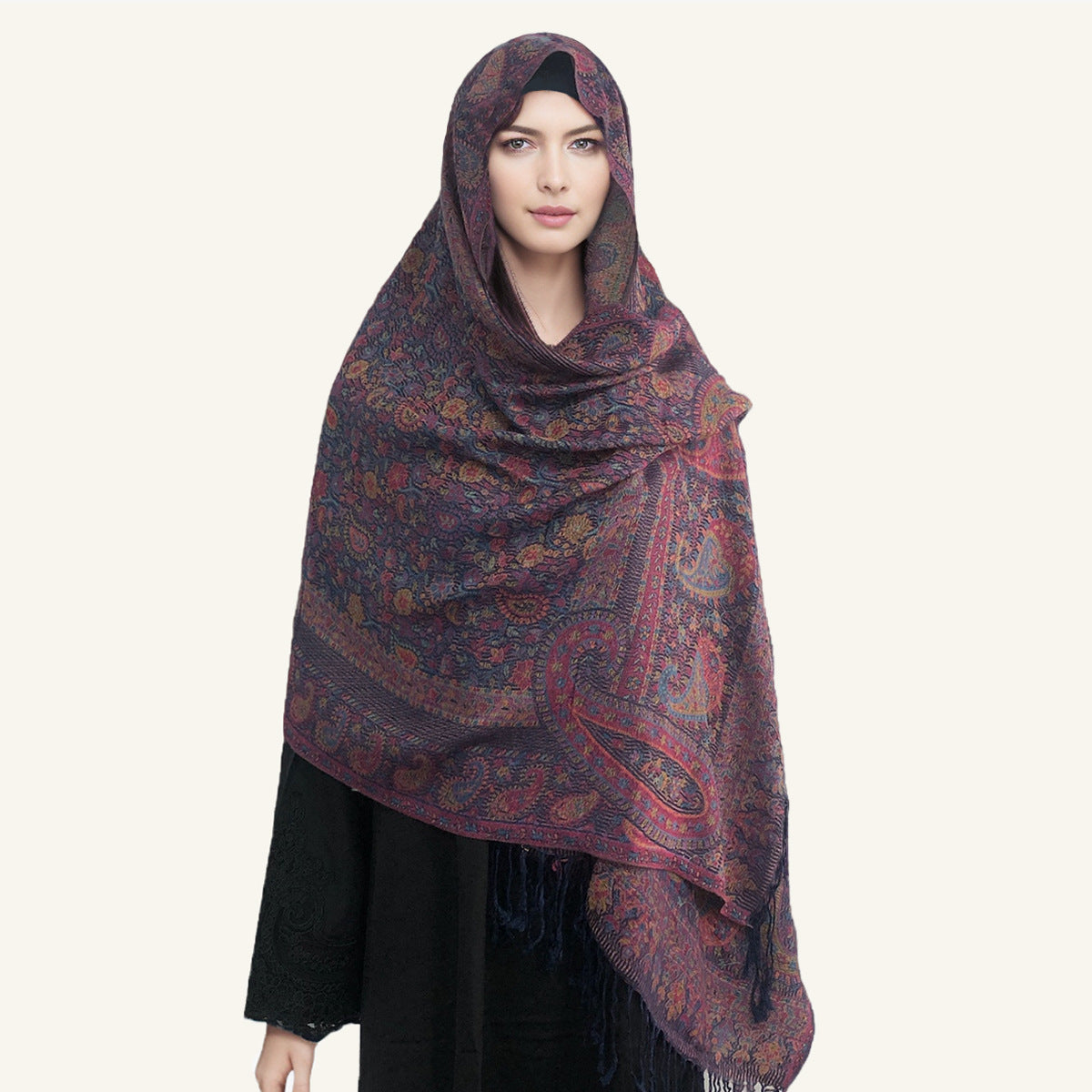 WJ005  Faux Cashmere Paisley Embroidered Tassel Scarf