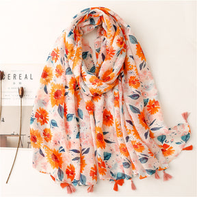 SL2202-009  Women's Ethnic Cotton Linen Feel Scarf with Wheat Ears Tassels