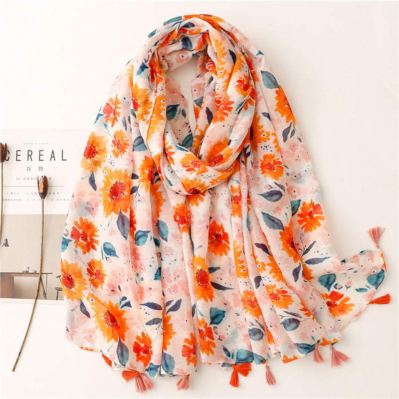 SL2202-009  Women's Ethnic Cotton Linen Feel Scarf with Wheat Ears Tassels