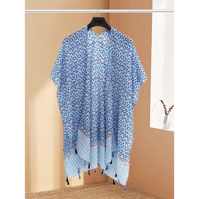 503-3 New Colorblock Floral Polyester Scarf Tassel Slit Shawl