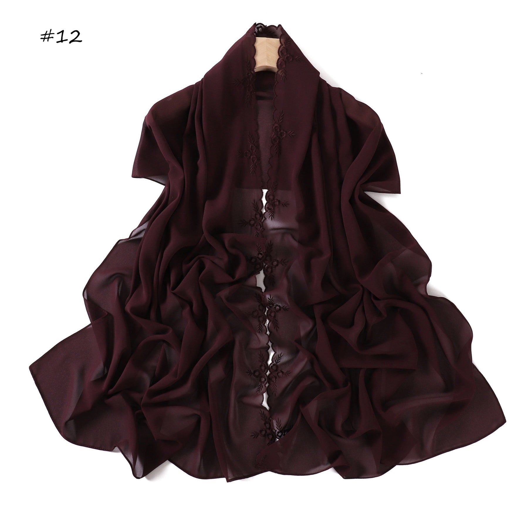 YZ336  Plain Solid Hijab with Flower Embroidered Chiffon