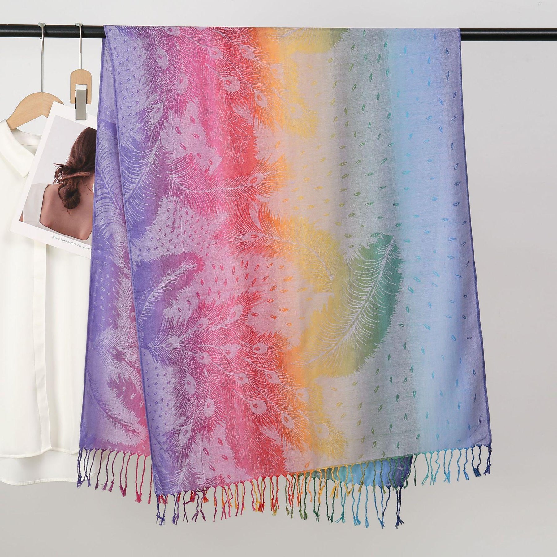 YF0438  Colorful Jacquard Soft Polyester Tassel Long Scarf