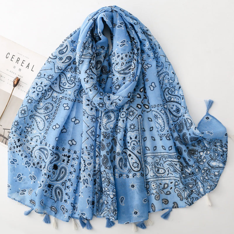 SL2202-009  Women's Ethnic Cotton Linen Feel Scarf with Wheat Ears Tassels