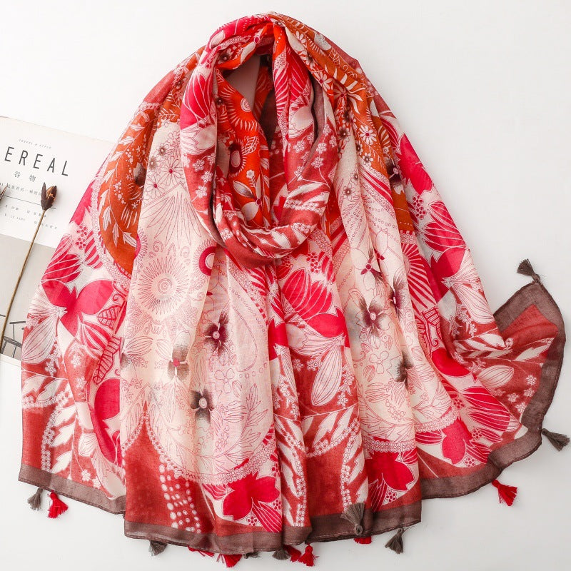 SL2202-009  Women's Ethnic Cotton Linen Feel Scarf with Wheat Ears Tassels