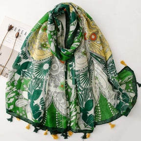 SL2202-009  Women's Ethnic Cotton Linen Feel Scarf with Wheat Ears Tassels