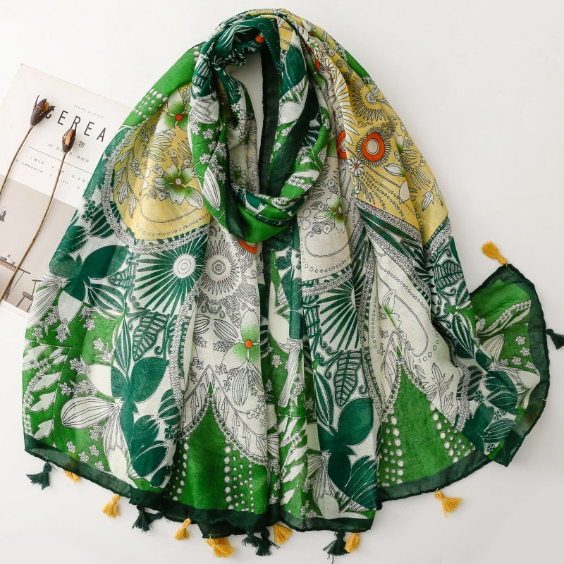 SL2202-009  Women's Ethnic Cotton Linen Feel Scarf with Wheat Ears Tassels