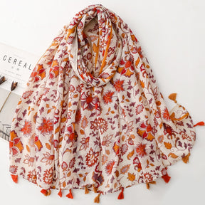 SL2202-009  Women's Ethnic Cotton Linen Feel Scarf with Wheat Ears Tassels