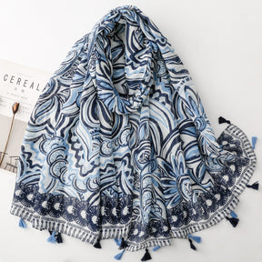 SL2202-009  Women's Ethnic Cotton Linen Feel Scarf with Wheat Ears Tassels
