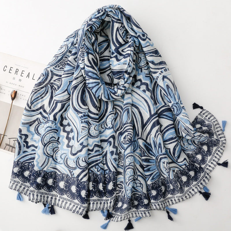 SL2202-009  Women's Ethnic Cotton Linen Feel Scarf with Wheat Ears Tassels