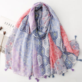 SL2202-009  Women's Ethnic Cotton Linen Feel Scarf with Wheat Ears Tassels