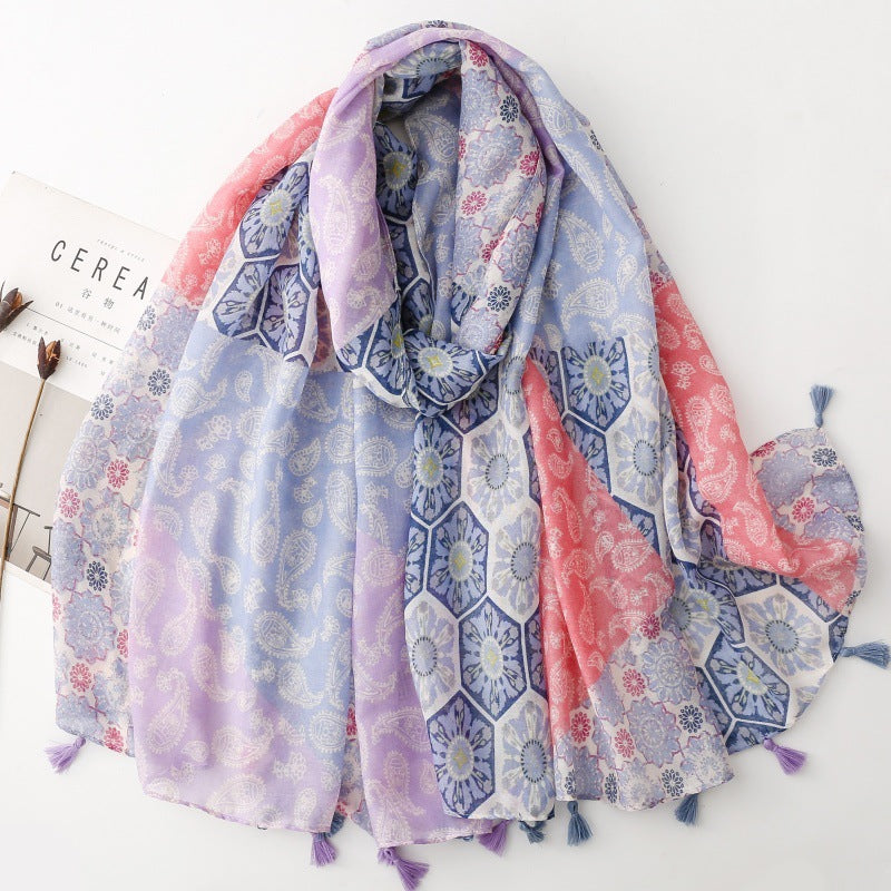 SL2202-009  Women's Ethnic Cotton Linen Feel Scarf with Wheat Ears Tassels