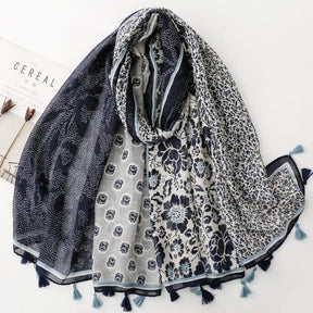 SL2202-009  Women's Ethnic Cotton Linen Feel Scarf with Wheat Ears Tassels