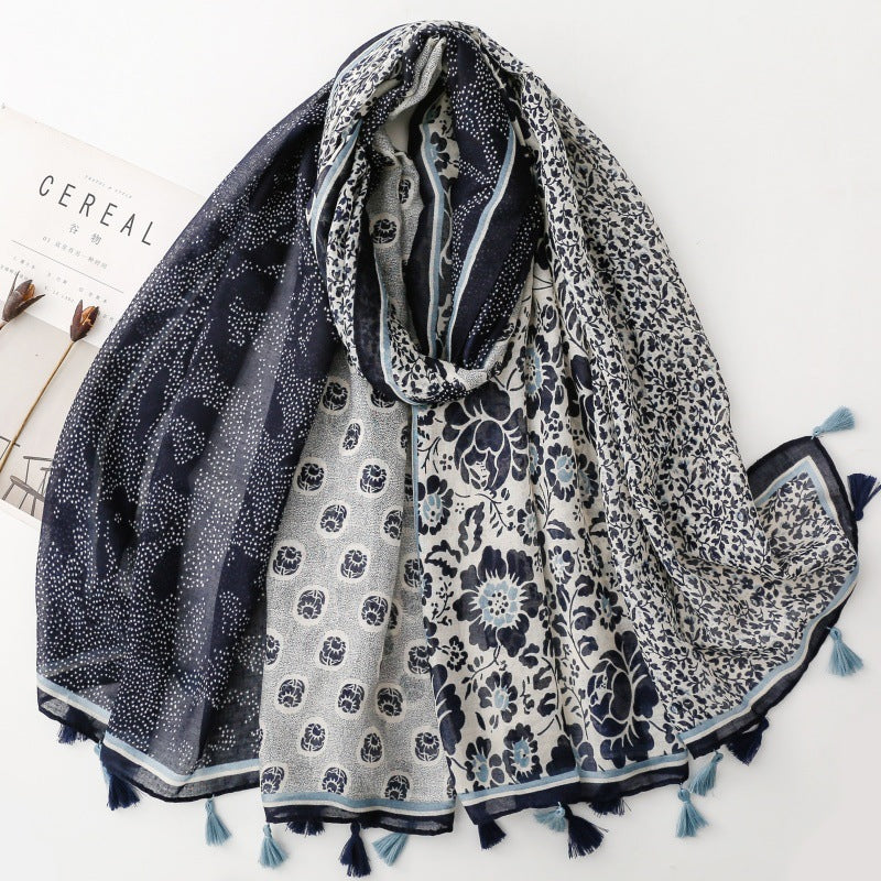 SL2202-009  Women's Ethnic Cotton Linen Feel Scarf with Wheat Ears Tassels