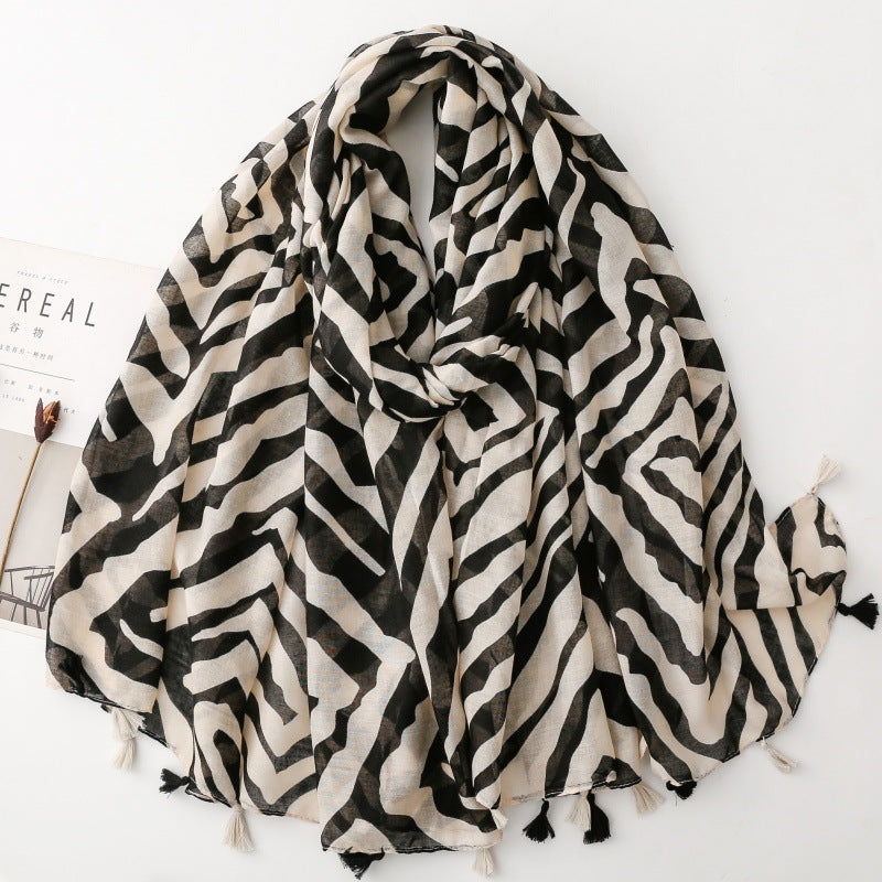 SL2202-009  Women's Ethnic Cotton Linen Feel Scarf with Wheat Ears Tassels
