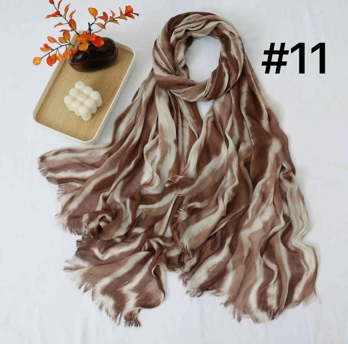 SS017  Striped Tie-Dye Modal Crinkle Hijab with Short Fringe