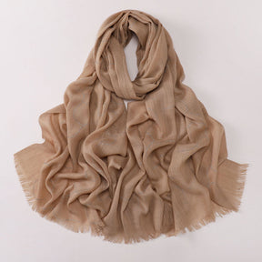 260602  Plain Soft Bamboo-Texture Yarn Short Fringe Hot-Fix Crystal Hijab