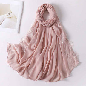 MSL234   Pearl Chiffon Hijab Fashionably Embellished with Eyelash Lace