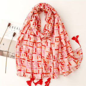 SL2202-009  Women's Ethnic Cotton Linen Feel Scarf with Wheat Ears Tassels