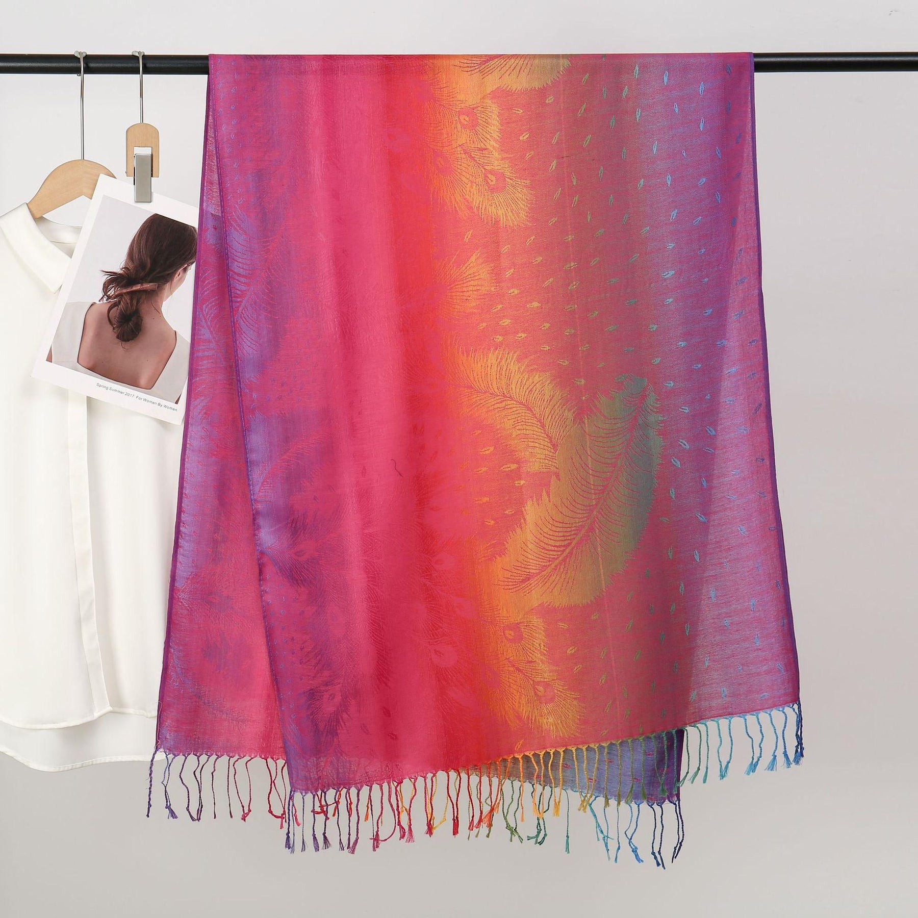 YF0438  Colorful Jacquard Soft Polyester Tassel Long Scarf