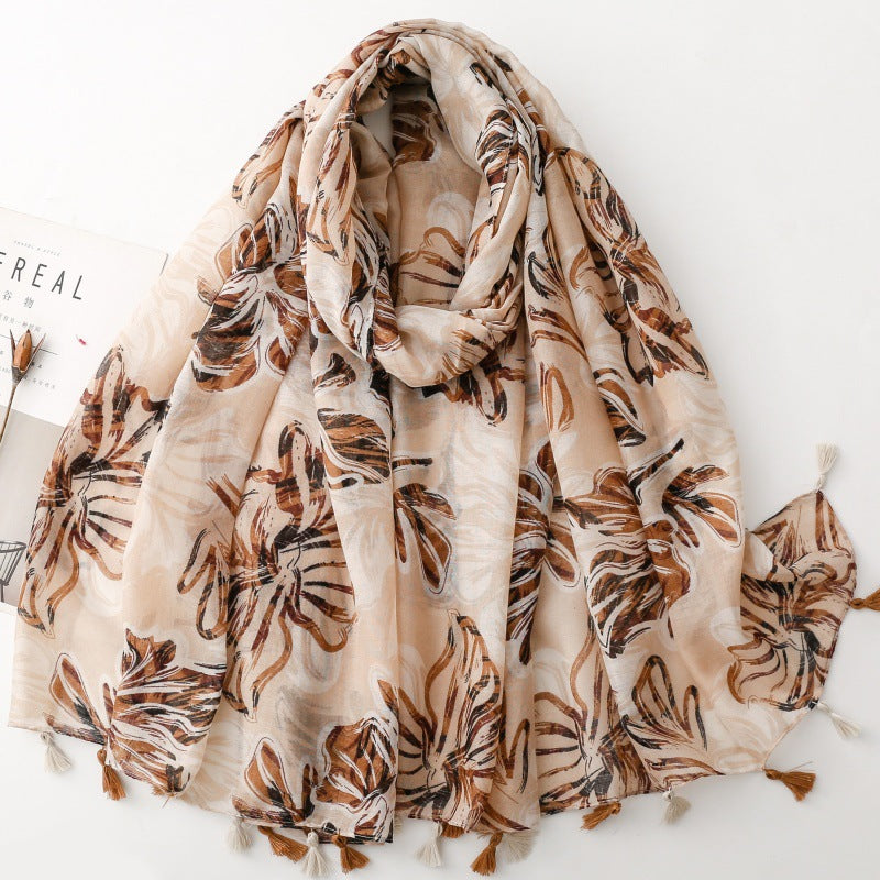 SL2202-009  Women's Ethnic Cotton Linen Feel Scarf with Wheat Ears Tassels