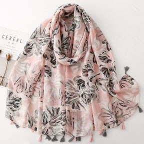 SL2202-009  Women's Ethnic Cotton Linen Feel Scarf with Wheat Ears Tassels