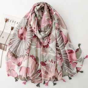 SL2202-009  Women's Ethnic Cotton Linen Feel Scarf with Wheat Ears Tassels