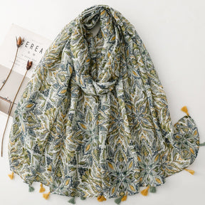 SL2202-009  Women's Ethnic Cotton Linen Feel Scarf with Wheat Ears Tassels