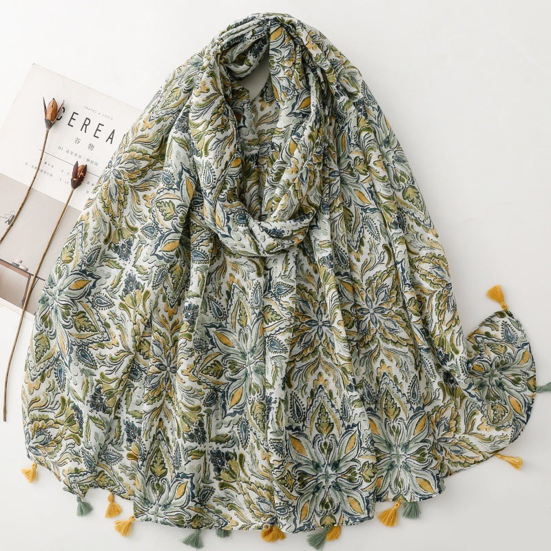SL2202-009  Women's Ethnic Cotton Linen Feel Scarf with Wheat Ears Tassels