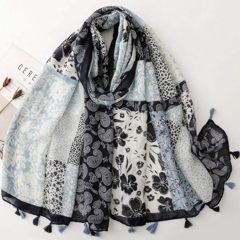 SL2202-009  Women's Ethnic Cotton Linen Feel Scarf with Wheat Ears Tassels