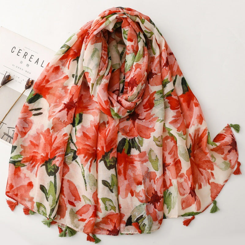 SL2202-009  Women's Ethnic Cotton Linen Feel Scarf with Wheat Ears Tassels