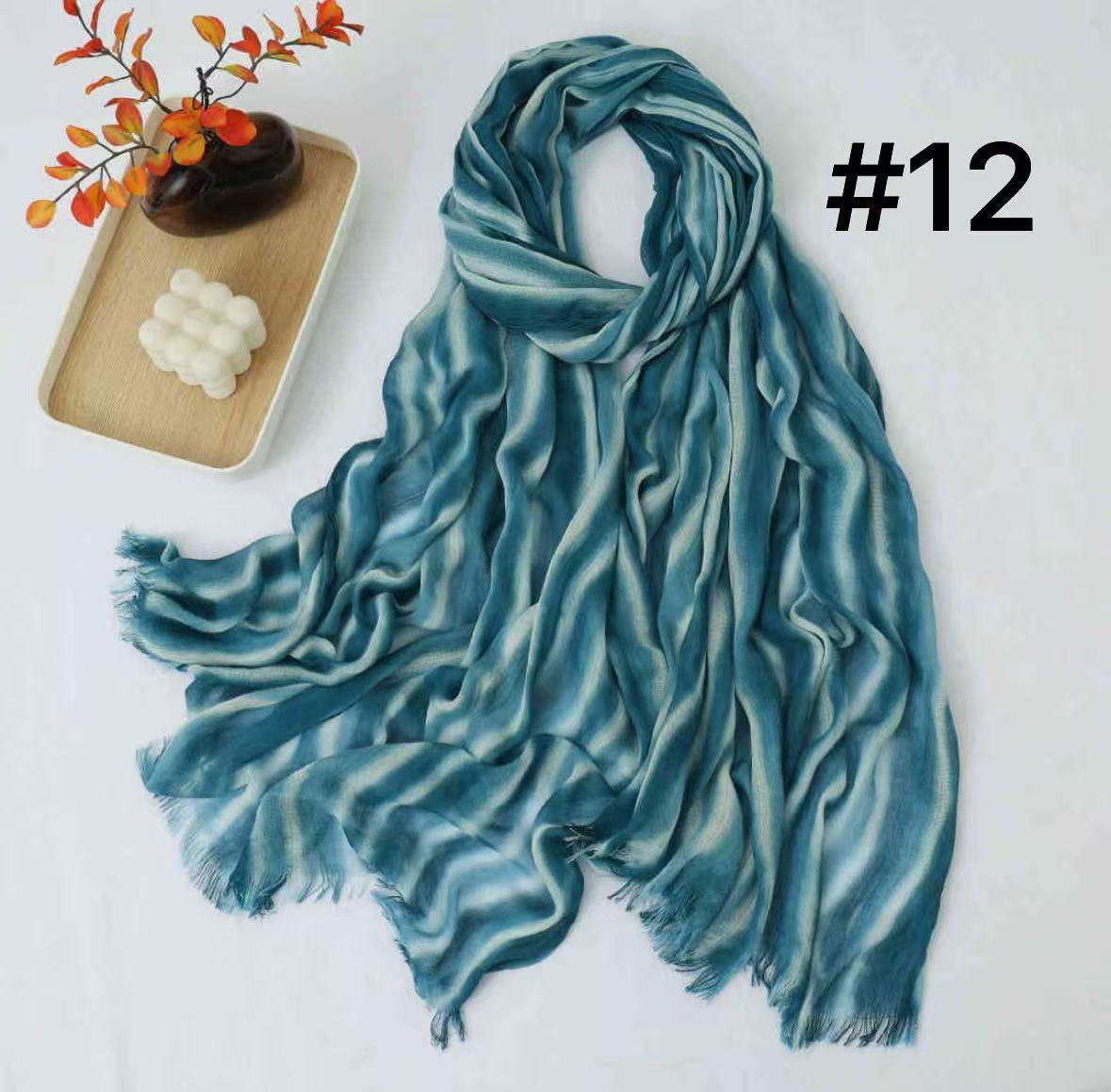 SS017  Striped Tie-Dye Modal Crinkle Hijab with Short Fringe