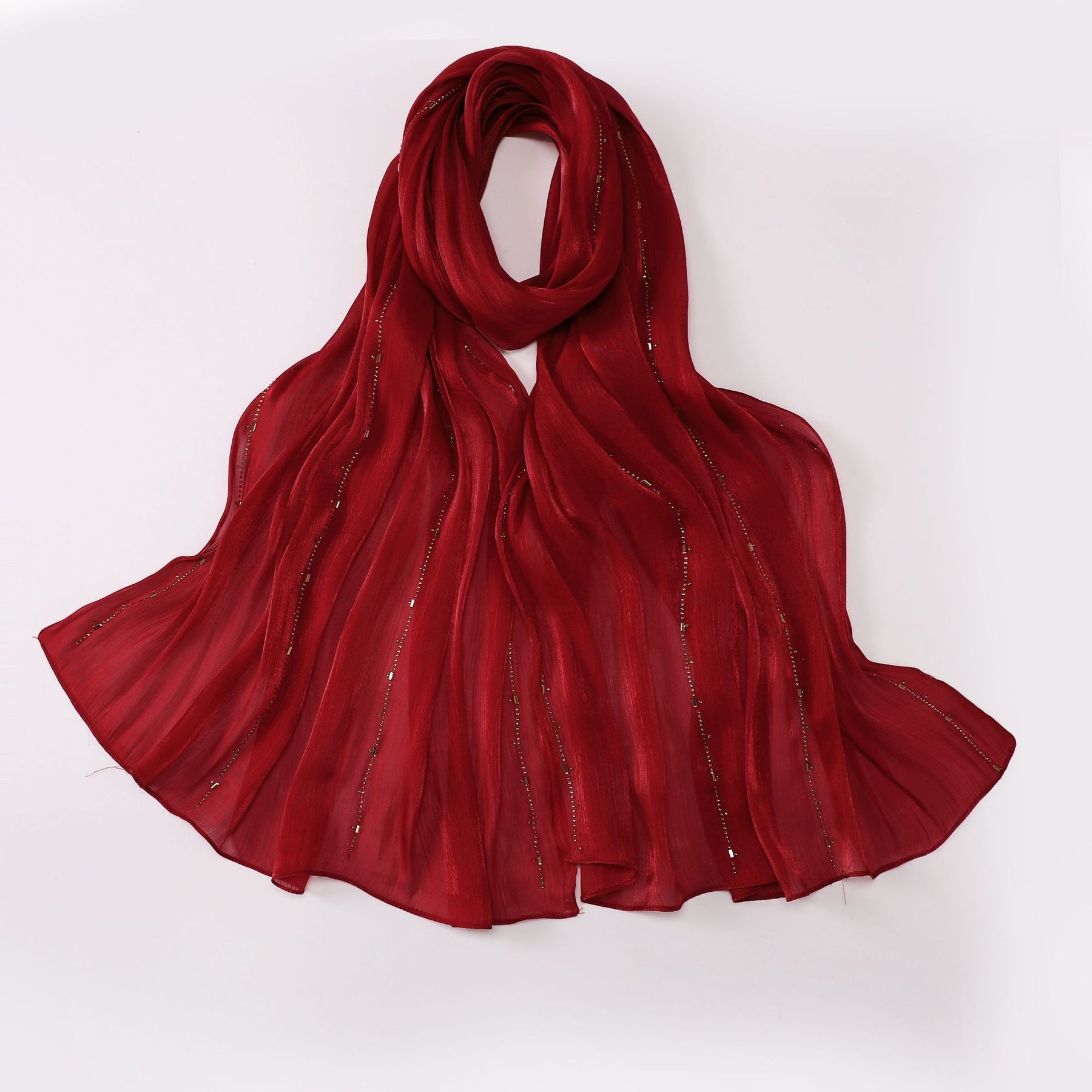 W-0513  Sea Island Silk Bright Silk Hijab with Rhinestone Lines