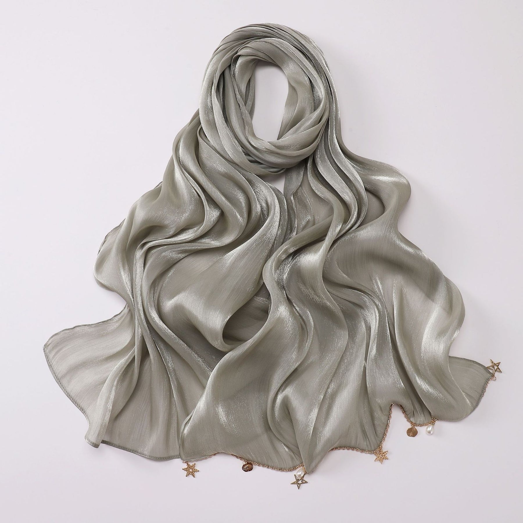 260302  Sea Island Silk Long Hijab with Handmade Chain