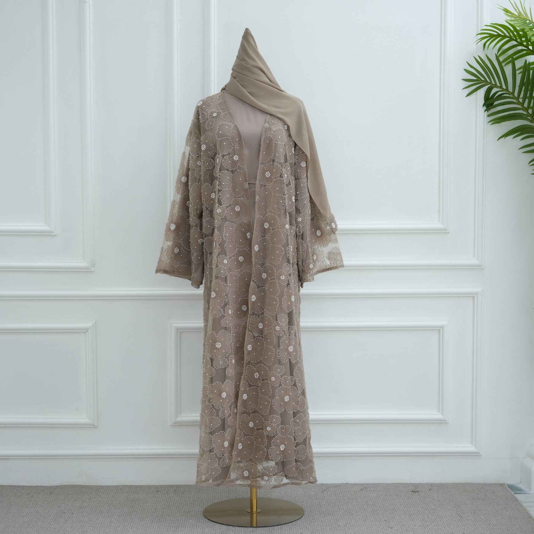 LR1069  3D Floral Beaded Cardigan Abaya