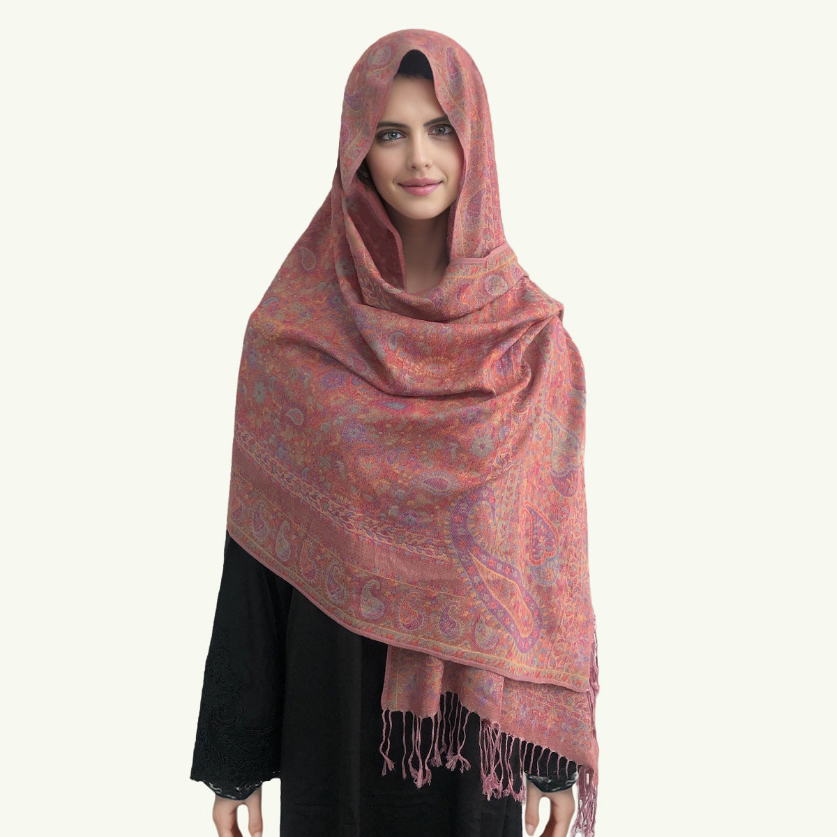 WJ005  Faux Cashmere Paisley Embroidered Tassel Scarf