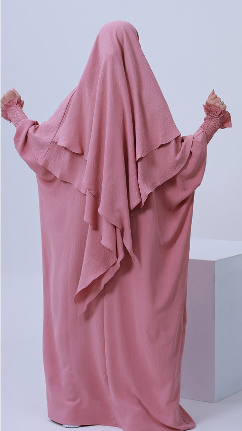 LR616+HJ908  Plain Polyester Batwing Dress + Hijab Set