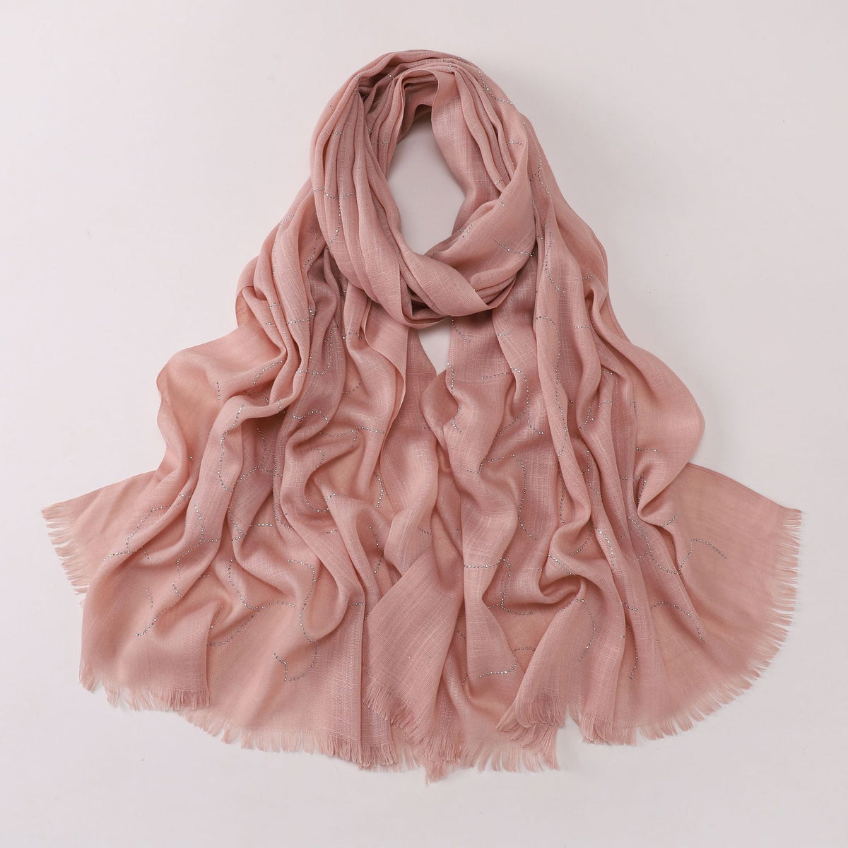 260602  Plain Soft Bamboo-Texture Yarn Short Fringe Hot-Fix Crystal Hijab