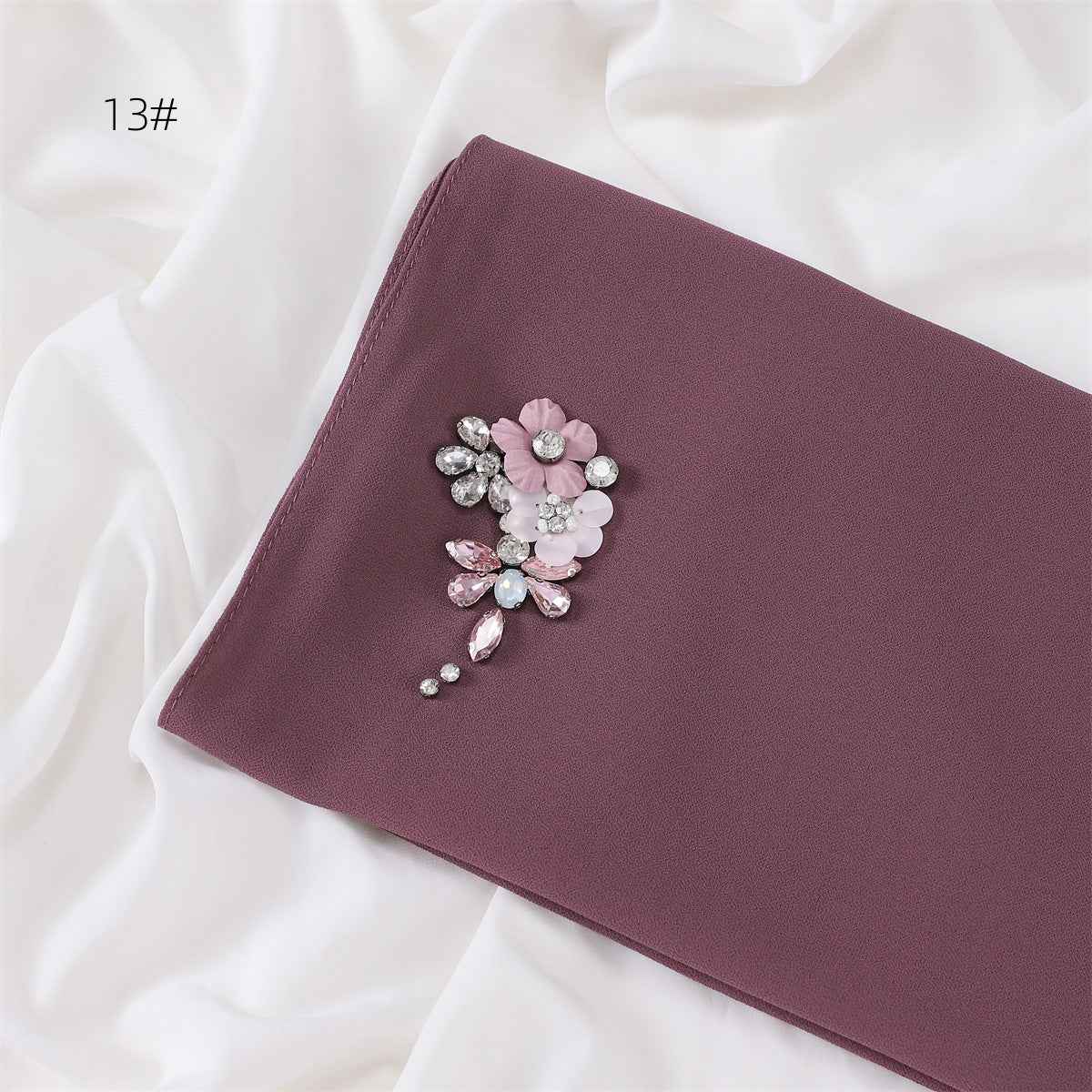 YZ147  Hand-Set Crystal Plain Pearl Chiffon Hijab