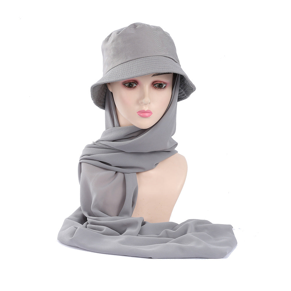 JM42 Solid color sun protection shawl 2 pieces chiffon fisherman hat fashionable flat bottom sun hat