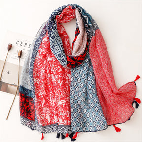 SL2202-009  Women's Ethnic Cotton Linen Feel Scarf with Wheat Ears Tassels