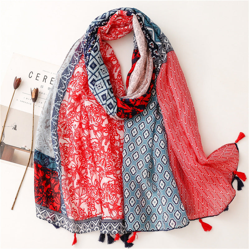 SL2202-009  Women's Ethnic Cotton Linen Feel Scarf with Wheat Ears Tassels