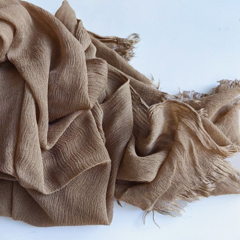 WJA79  Plain natural crinkle cotton hijab with fringes on both ends